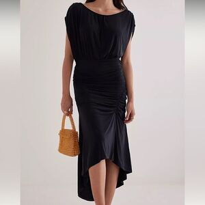 By Anthropologie Ruched Cap Sleeve MIDI Dress Black